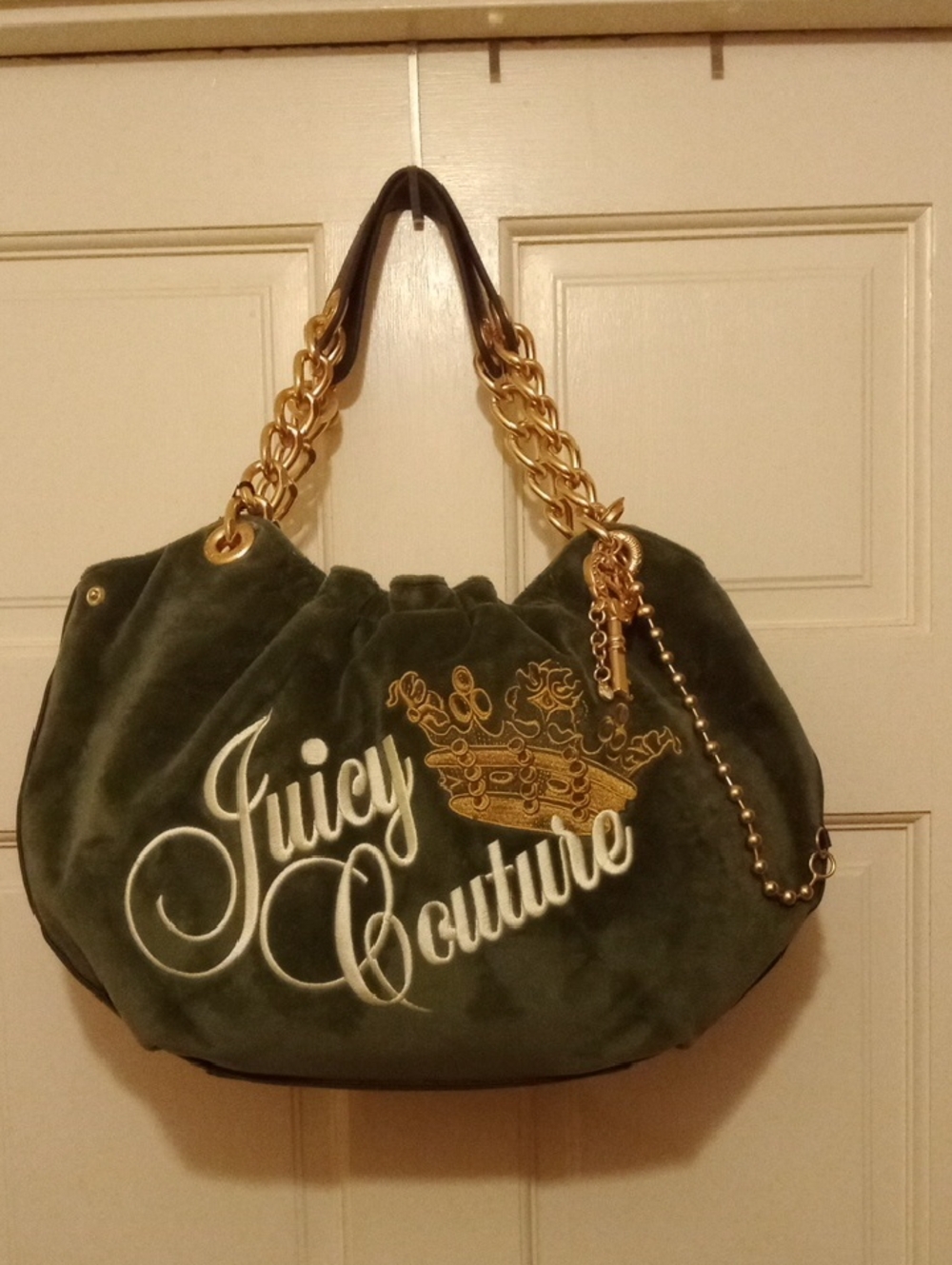 Juicy Couture Olive Green Velvet Chain-Handle Tote
